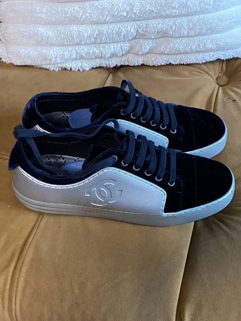 Chanel Women's Silver & Navy Trainers Sneakers Size 9 Designer Shoes